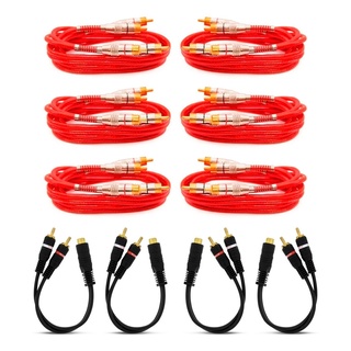 Kit 6 Rca 1 Metro Vermelho + 4 Cabos Y 2 Machos 1 Fêmea
