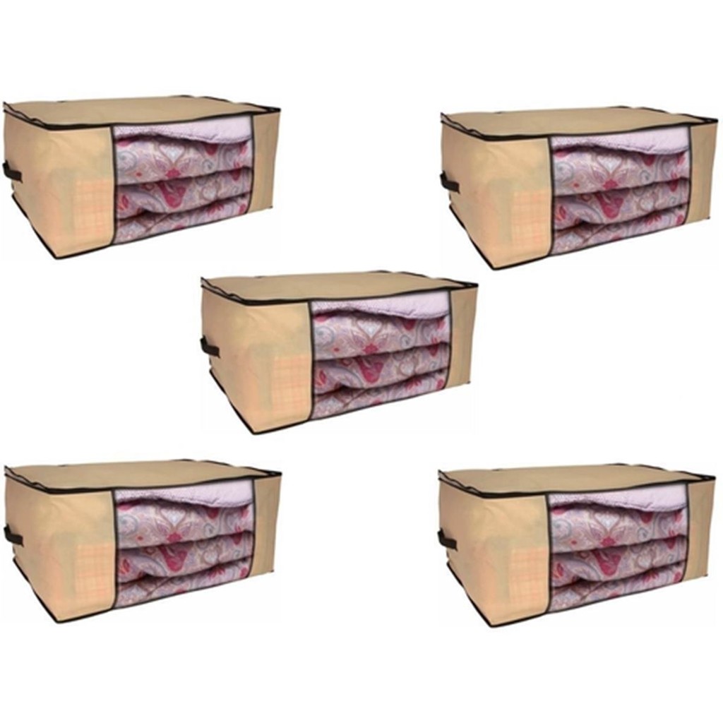 Kit 5un Caixa Organizadora Multiuso TNT Resistente Bege Com Alça Para Guarda Roupa Closet 45x45x20cm