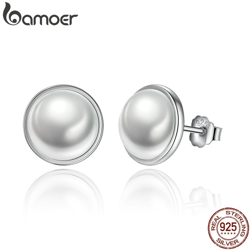 BAMOER Fashion 925 Sterling Silver Elegant Beauty, Round White Pearl Stud Earrings Women Engagement Jewelry Brincos PAS489 em Oferta na Shopee