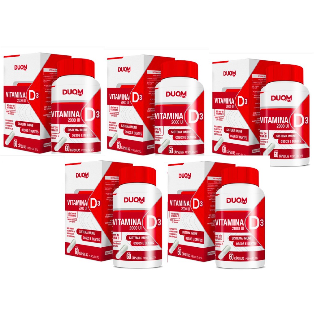 Kit com 5 Vitamina D3 2000UI Alto Teor de Vitamina D 1 Cápsula ao Dia Duom 60 Cápsulas @