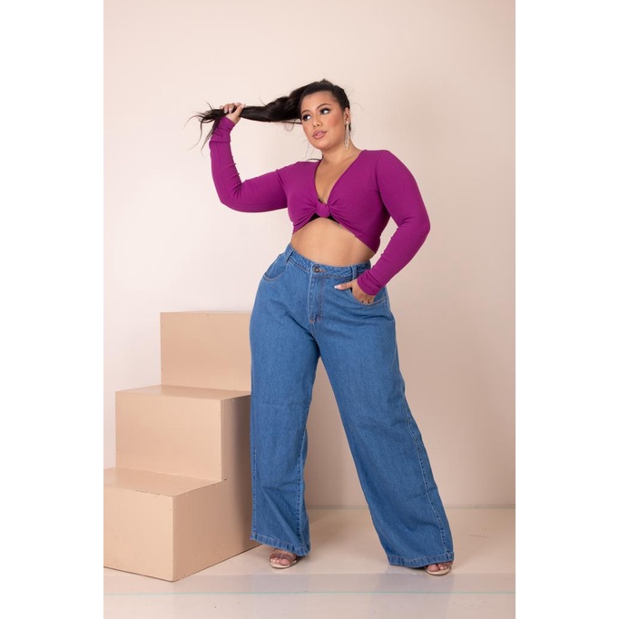 Calça Feminina Jeans Escura Versão Lisa Pantalona Wide Leg Plus Size Soltinha