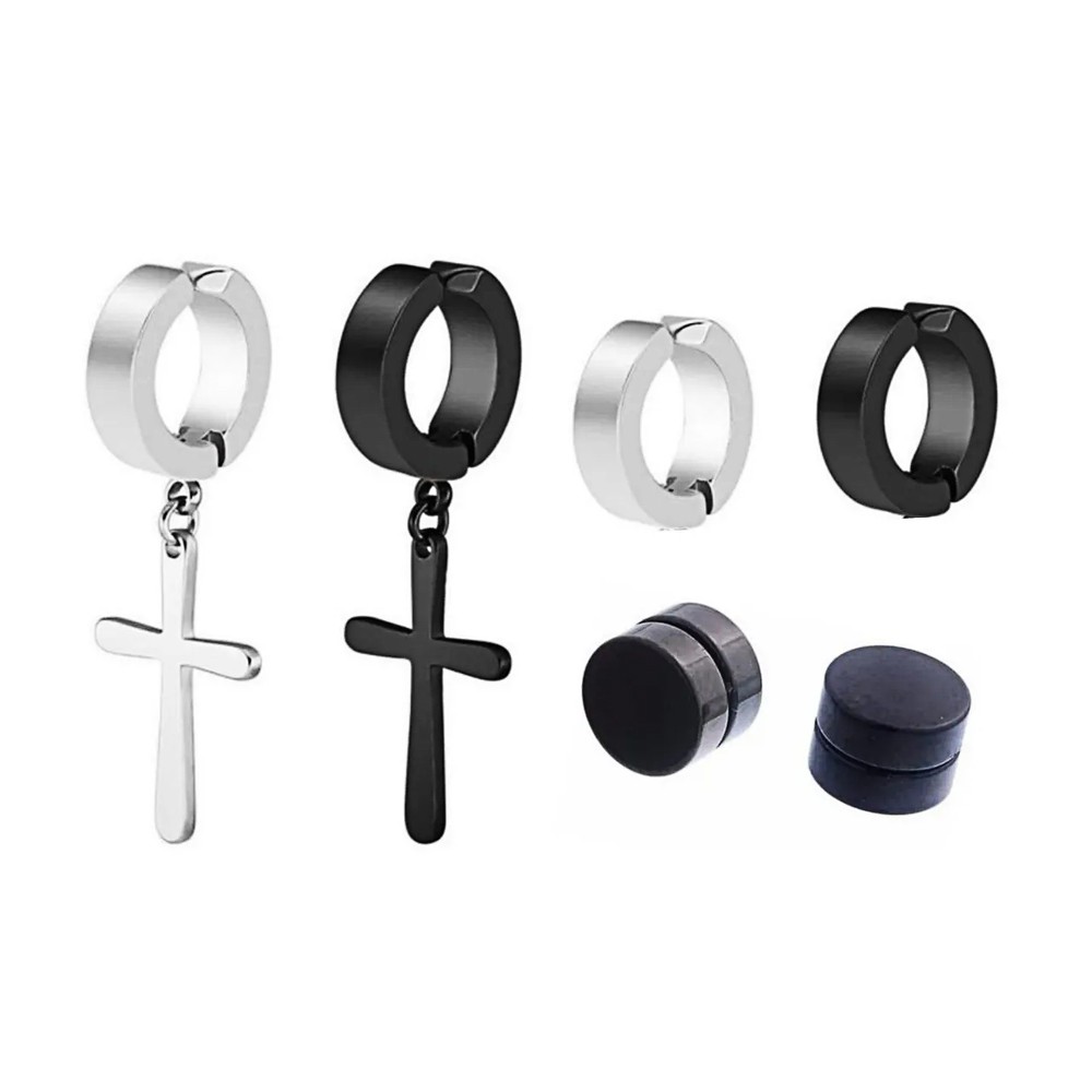 kit 3 pares brinco cruz crucifixo masculino feminino em aço inox argola pressão imã preto prata