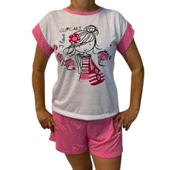 Pijama Short Doll E Blusa Com Estampa Manga Curta Feminino Adulto Verao