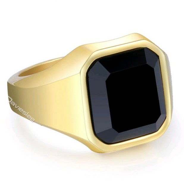 Anel Masculino Comendador Aço Inox Pedra Ônix Luxo Dourado