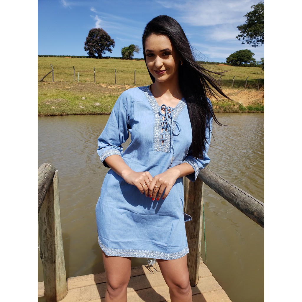 Vestido Jeans Curto Bordado Casual | Shopee Brasil
