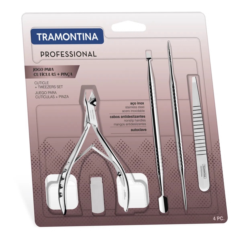 Kit Alicate De Cutícula Tramontina 4 Peças Aço Inox com Empurrador/Raspador + Palito Unha + Pinça