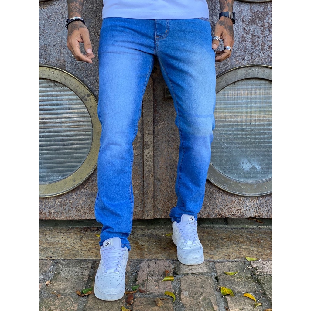 Calça Jeans Masculina Corte Reto Tradicional Não é Justa Rasgada De Qualidade Com Lycra Elastano