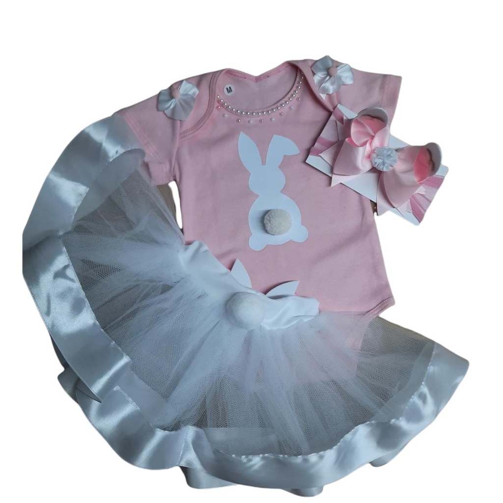 Conjunto Infantil Fantasia Mesversário Páscoa Coelho Coelhinho Body + Saia + Laço