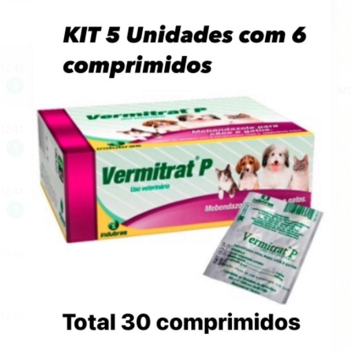 Kit 5 unid - Vermifugo Vermitrat P X 6 comprimidos - Vermífugo para cães e gatos