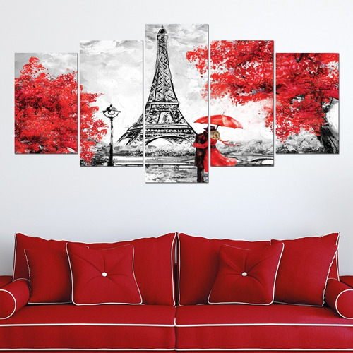 Quadro Decorativo 5 peças Torre Eiffel Paisagem Casal Quarto Sala