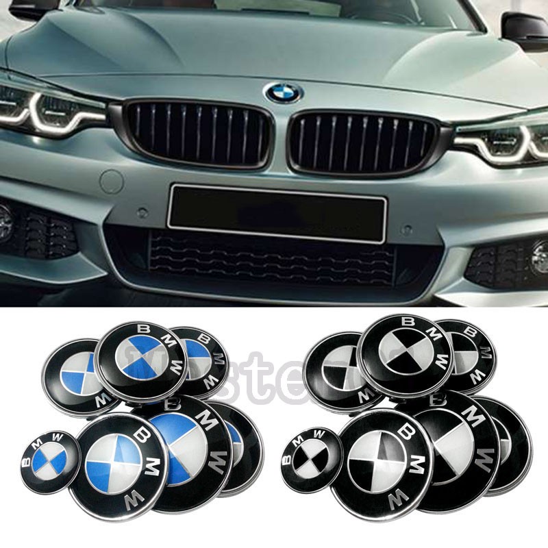 7 Pcs 82mm BMW Capô Da Frente Do Carro Emblema 74mm Auto Trunk Cauda 68mm Hub Roda Caps Centro Pneu Tampa 45mm Volante Autocolante Acessórios