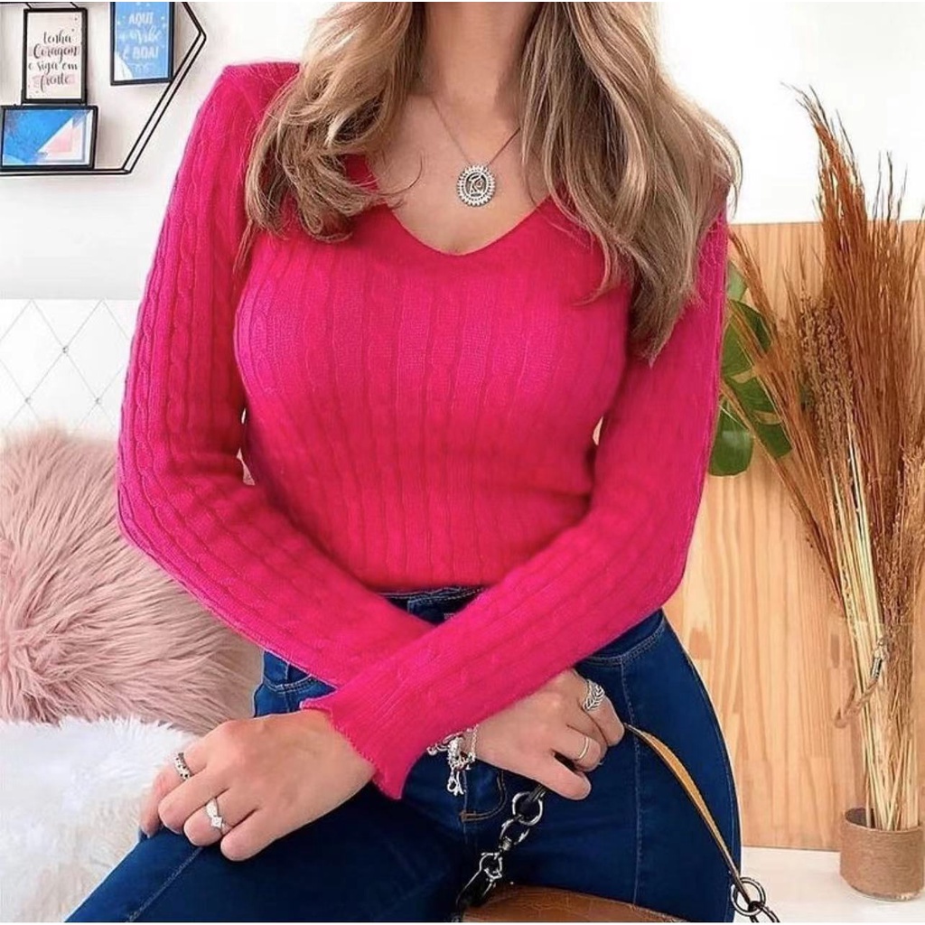 Blusa Tricô Manga Longa Detalha Feminina Gola V Transa