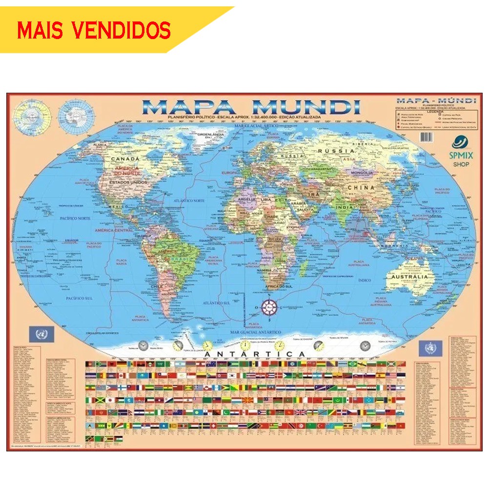 Mapa Mundi Mundo Politico Escolar Grande Tamanho 120 X 90 Cm - Gigante ...