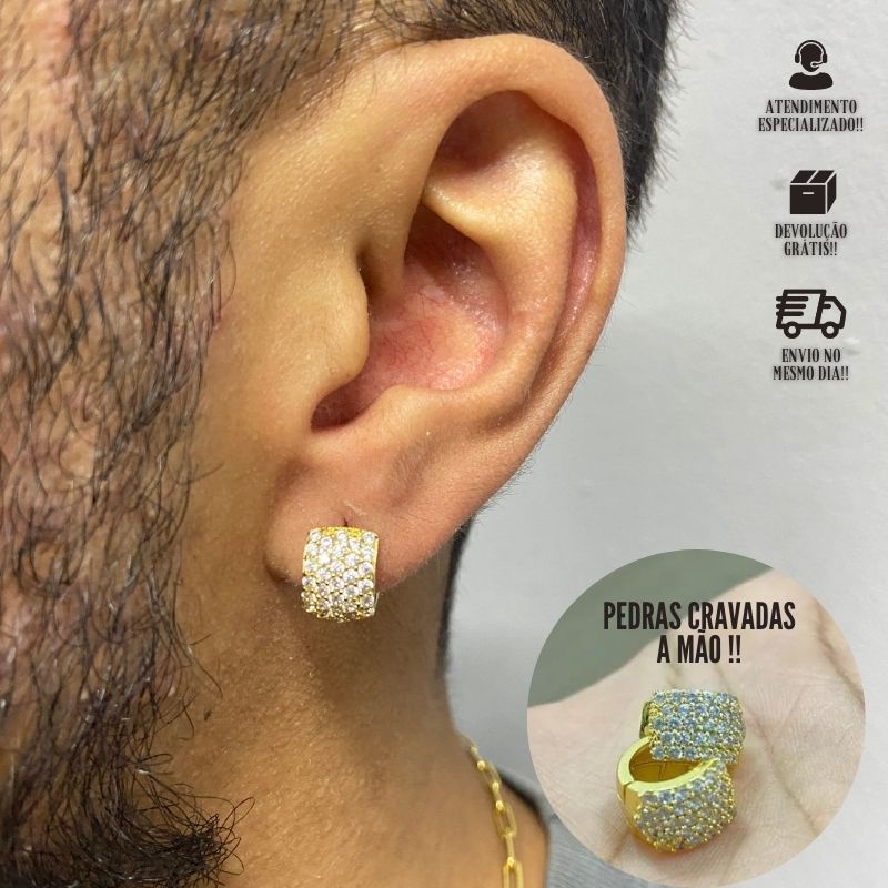 Brinco Masculino Argola Cravejada Brinco 32 Pedras Banhado a Ouro 24k