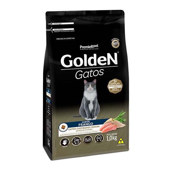Ração Golden para Gatos Sênior Castrados Sabor Frango - 1Kg em Oferta na Shopee