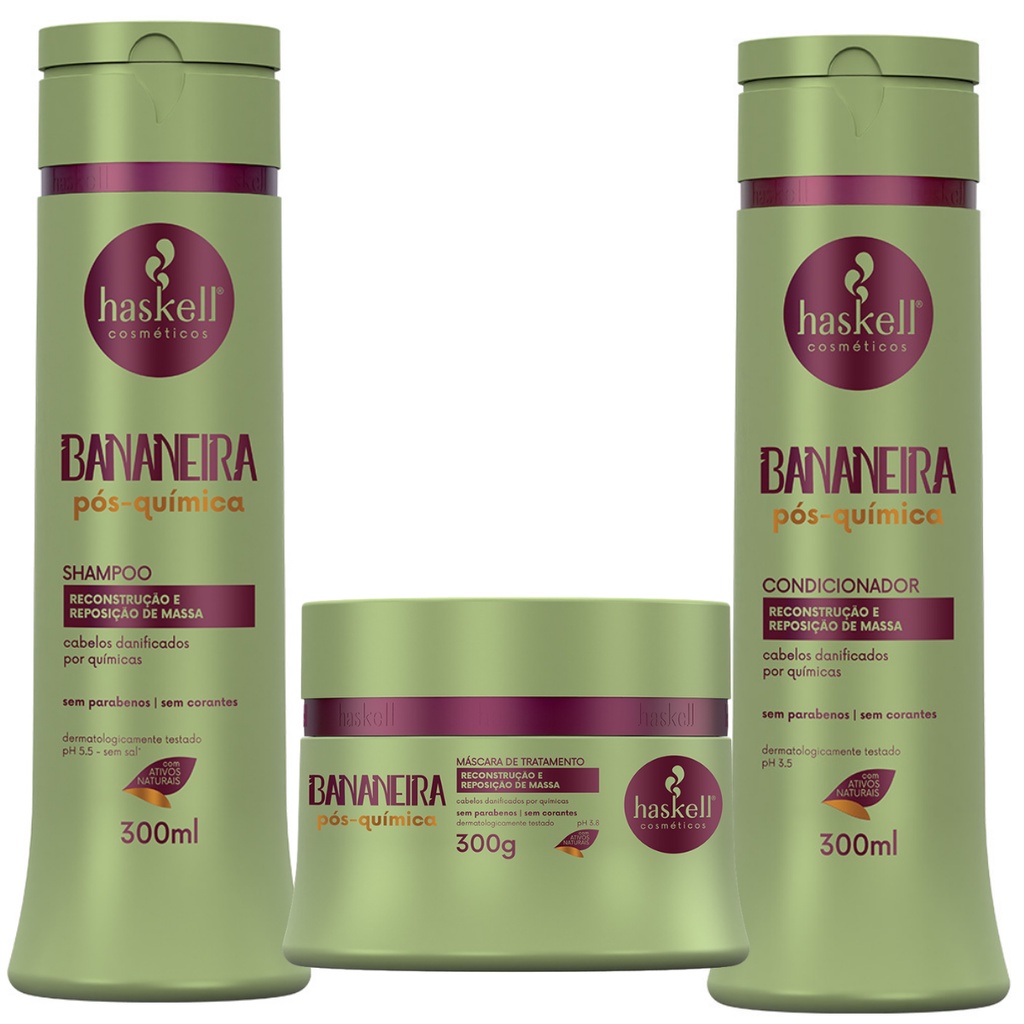 Kit Haskell Bananeira Shampoo Condicionador e Máscara 300ml/g Reconstrução e Reposição de Massa