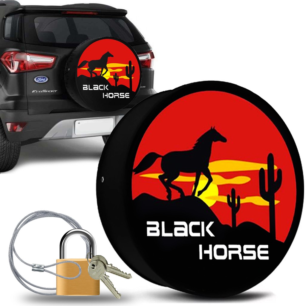 Capa Estepe Ecosport Crossfox Aircross Idea Doblo Adventure Estampa Cavalo Negro com Cabo de Aço e Cadeado