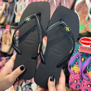 Chinelo Quadrado Havaianas Slim Square Preto + Pingente do Brasil