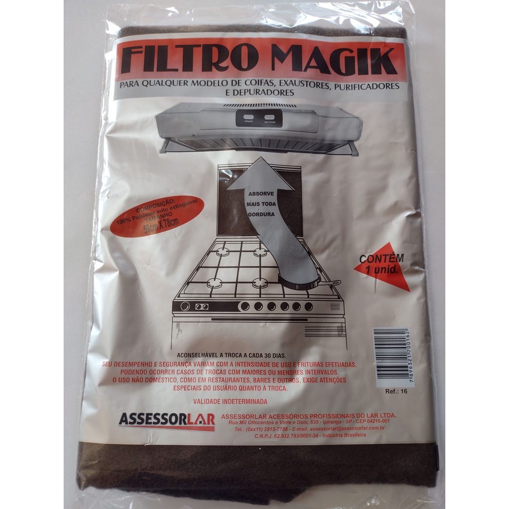Filtro Para Coifa Exaustor Purificador Suggar e Depuradores 59cm x 78cm