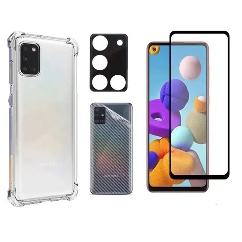 Kit 3X1 Samsung Galaxy A21S - Pelicula Vidro Frontal 3D+ Capa Anti-Impacto TPU + Película Camera 3D