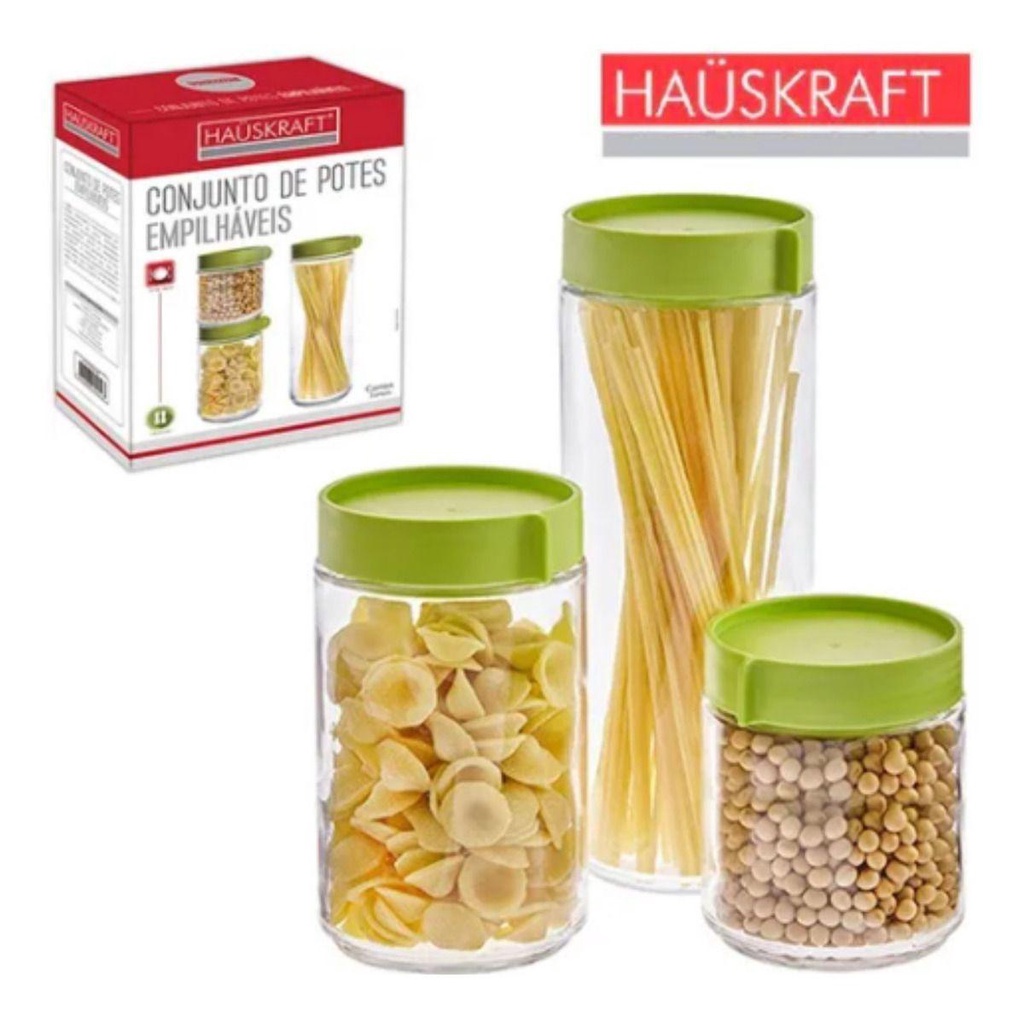 Kit Conjunto De 3 Potes De Vidro Empilháveis - Hauskraft em Oferta na Shopee