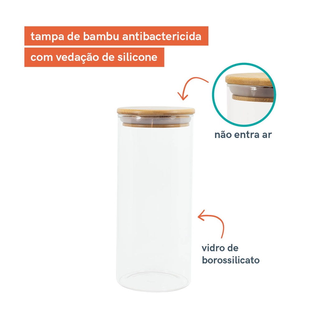 Detalhes do Kit 3 potes de vidro para mantimentos herméticos com tampa de bambu 400ml, 600ml e 800ml - Oikos