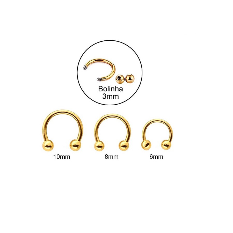 Kit 3 Piercings, Septo, Cartilagem Modelo Ferradura Dourado Em Aço Inox 6mm, 8mm, 10mm em Oferta na Shopee