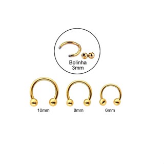 Kit 3 Piercings, Septo, Cartilagem Modelo Ferradura Dourado Em Aço Inox 6mm, 8mm, 10mm em Oferta na Shopee