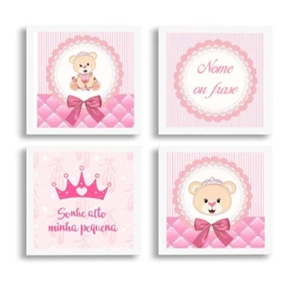 Kit 4 Quadros Moldura Ursinha Princesa Bebê Menina Personalizado Criança Nome Personalizado em Oferta na Shopee