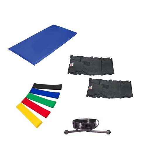 Kit Colchonete Azul + Par de Caneleira Tornozeleira De Peso 9kgs Profissional + 5 Mini Band Elástico para Exercícios + Corda de Pular Ajustável