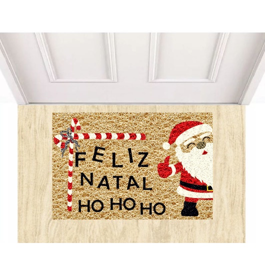Tapete capacho Feliz Natal Papai Noel Ho Ho 60x40 cm Bege