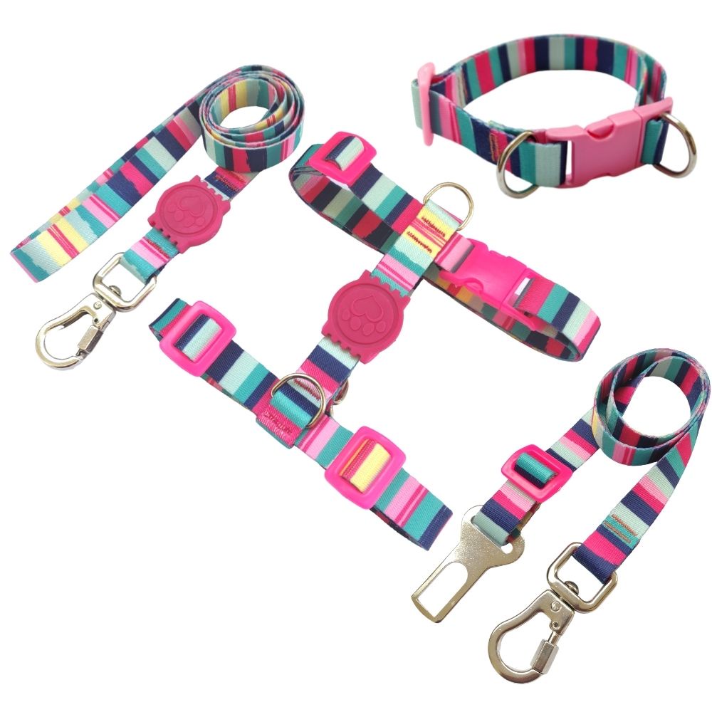 Kit Pet Coleira Peitoral H Antipuxão Para Cachorro ou Gato Guia Cinto de Segurança Adestramento Rosa