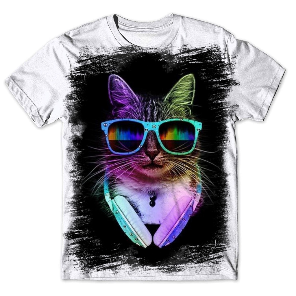 Camiseta Masculina Gato óculos Fone Psicodélico 03 - Decora