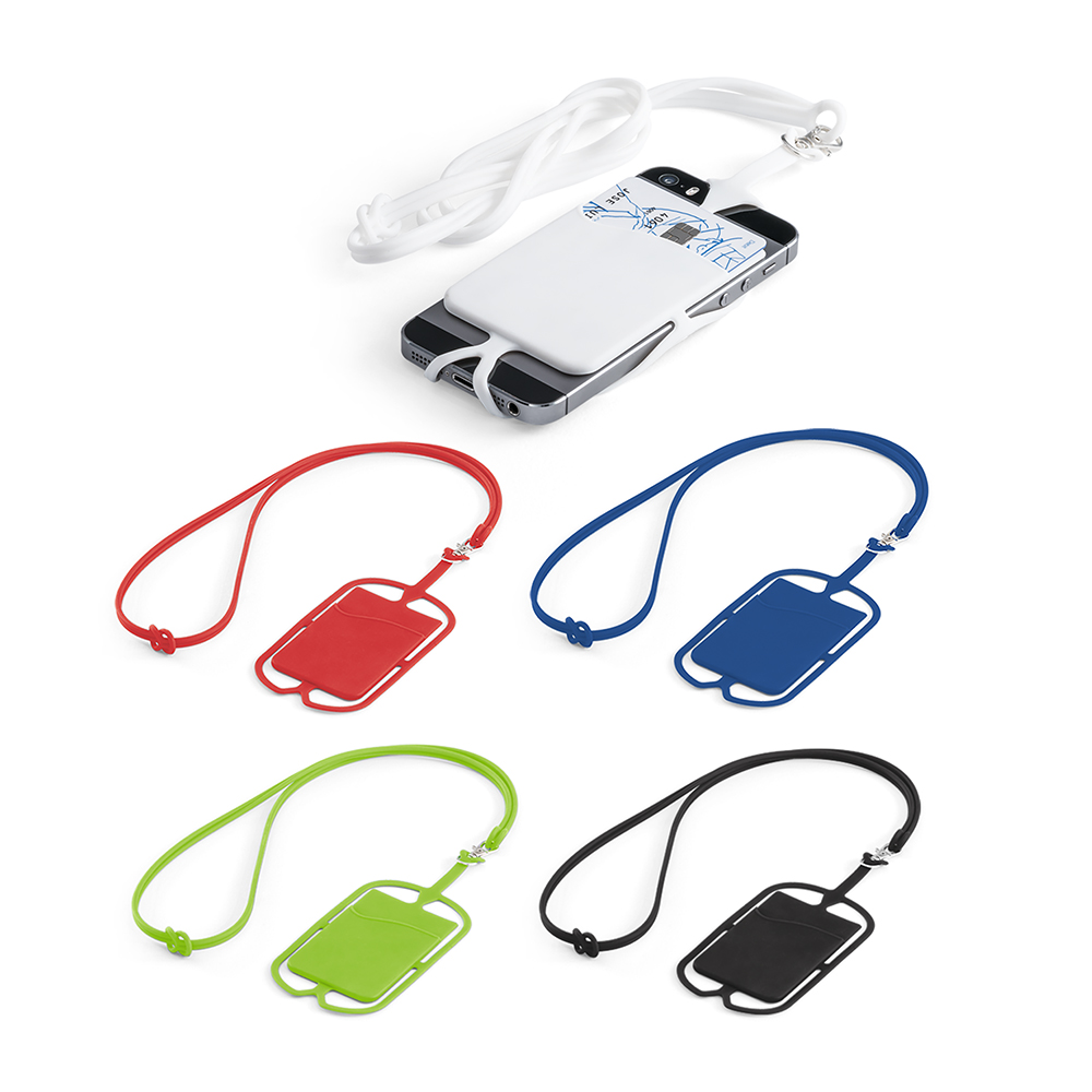 Porta cartões em silicone com cordão para pescoço e suporte para celular