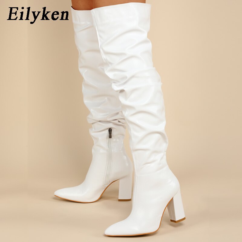 Eilyken Fashion White Plissado Botas Femininas Sexy Salto Quadrado Feminino Com Zíper Longo