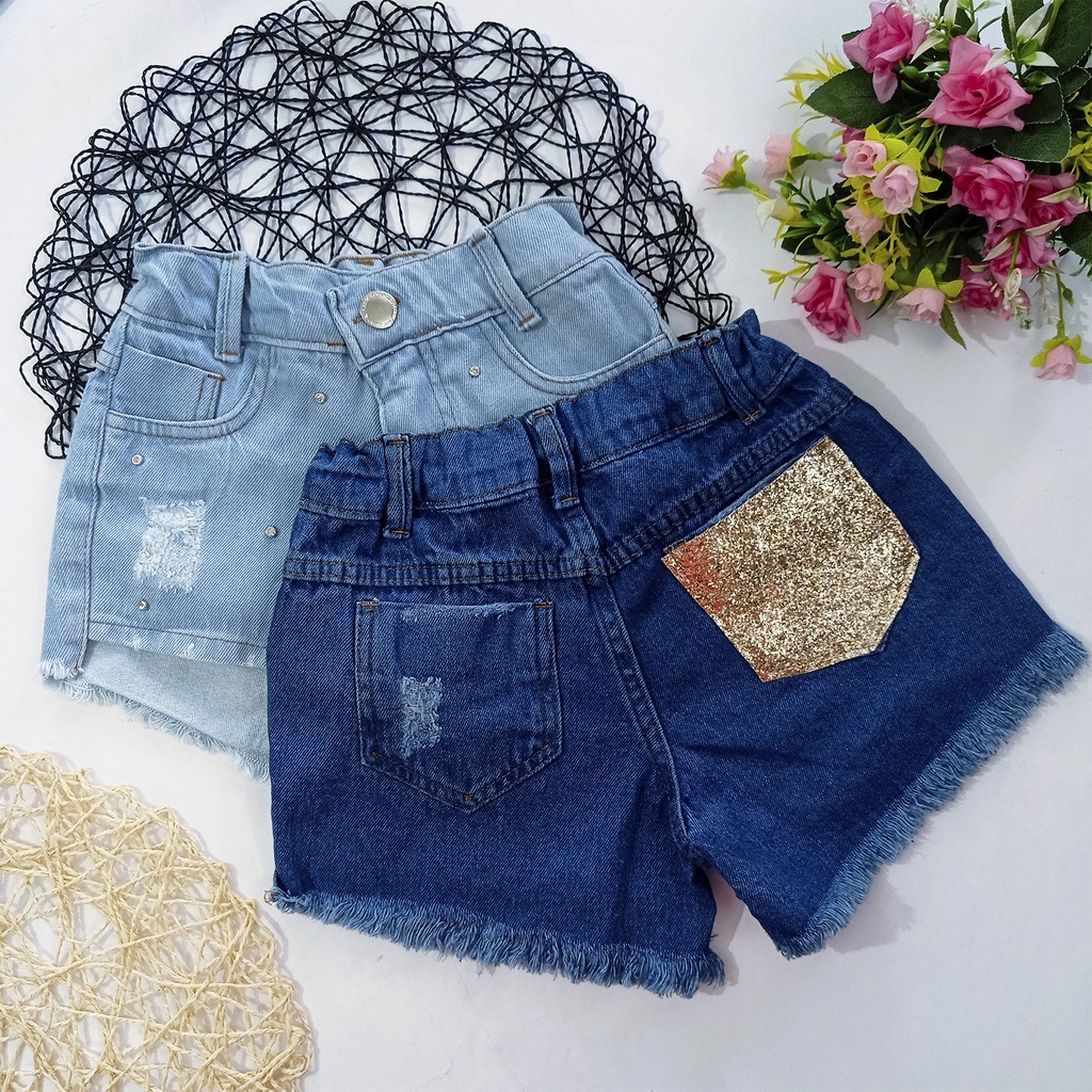 Short Jeans Hot Pants Feminino Infantil e Juvenil 2 a 16 Anos Blogueirinha