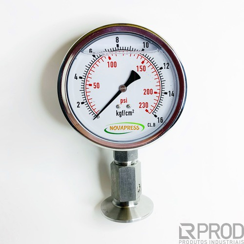 Manômetro vertical - Total Inox Diam.100mm (4”) Escala 0-16 KGF/CM2 X 230 PSI  + SELO TC 11.1/2"