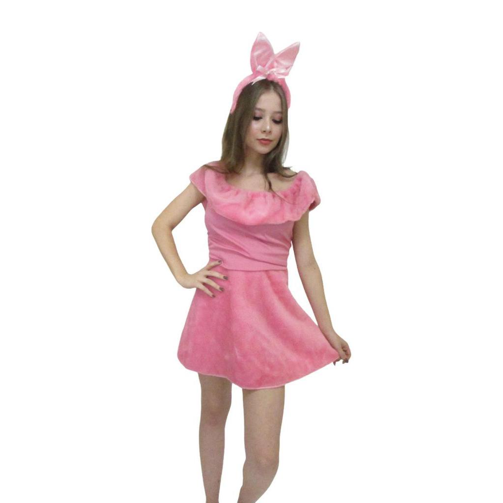 Fantasia Vestido Coelha Páscoa Adulto Pelúcia Feminina Rosa Carnaval Halloween Zumbi Terror
