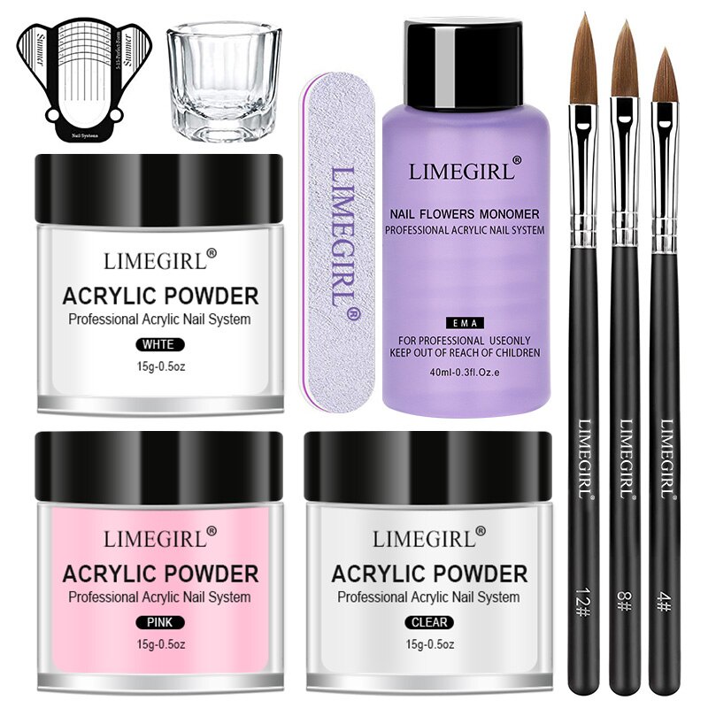 LIMEGIRL Kit De Pó Acrílico E Líquido Para Unhas , Sem Necessidade De Lâmpada UV , Conjunto De Extensão De Cristal Trans