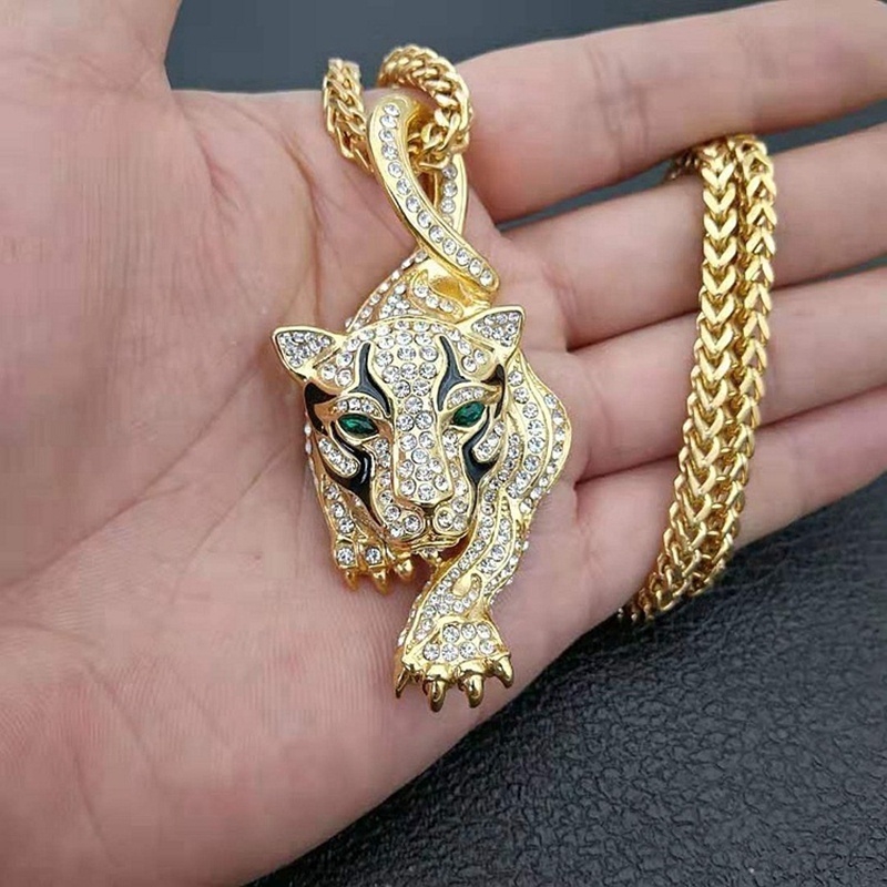 Luxury Men's 18K Gold Inlaid Austrian Rhinestone Emerald Tiger Pendant Necklace em Oferta na Shopee