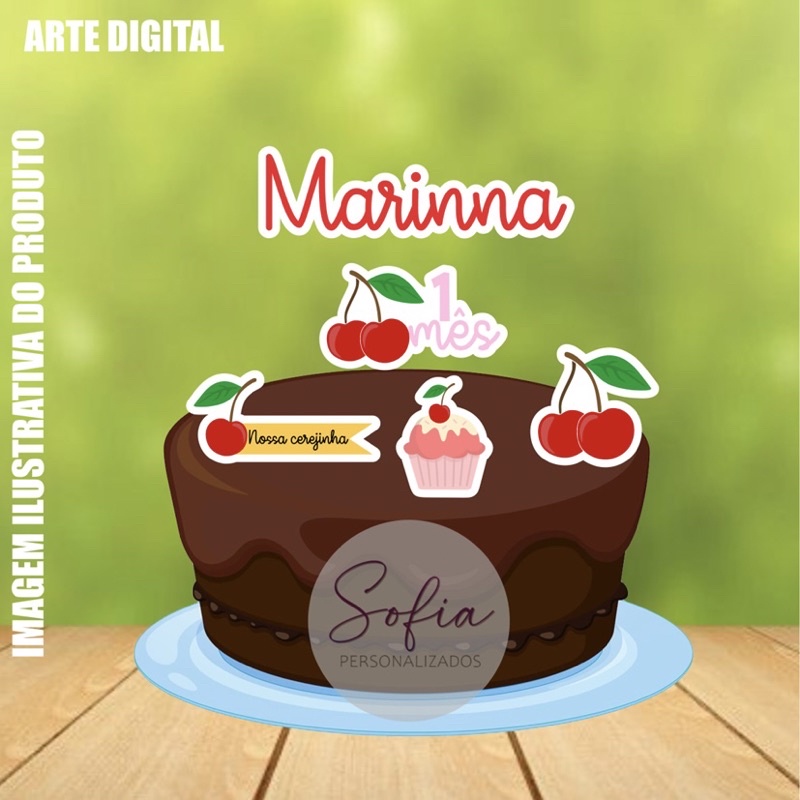 Topo de Bolo - Topper de Bolo Personalizado Aniversário Mesversario Cereja Cerejinha