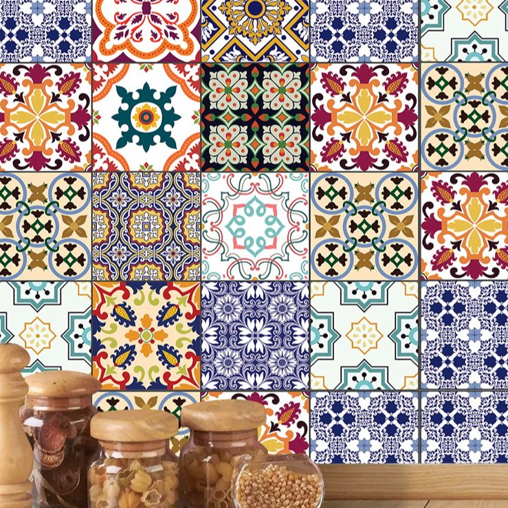 Papel De Parede Para Cozinha Azulejos Arabescos Coloridos 3,5 mts
