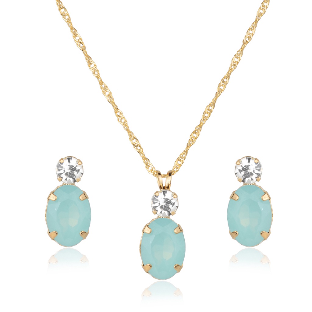 Kit Conjunto de Semijoia com Pedra Oval Azul Turmalina Banhado a Ouro 18K Conjun