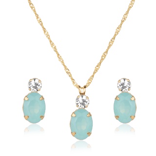Kit Conjunto de Semijoia com Pedra Oval Azul Turmalina Banhado a Ouro 18K