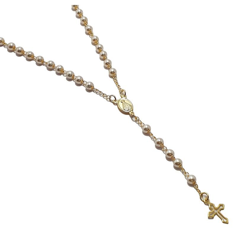 Relicário Terço Colar Folheado De Pescoço Com Imagem Nossa Senhora Aparecida Contas Em Pérola em Oferta na Shopee