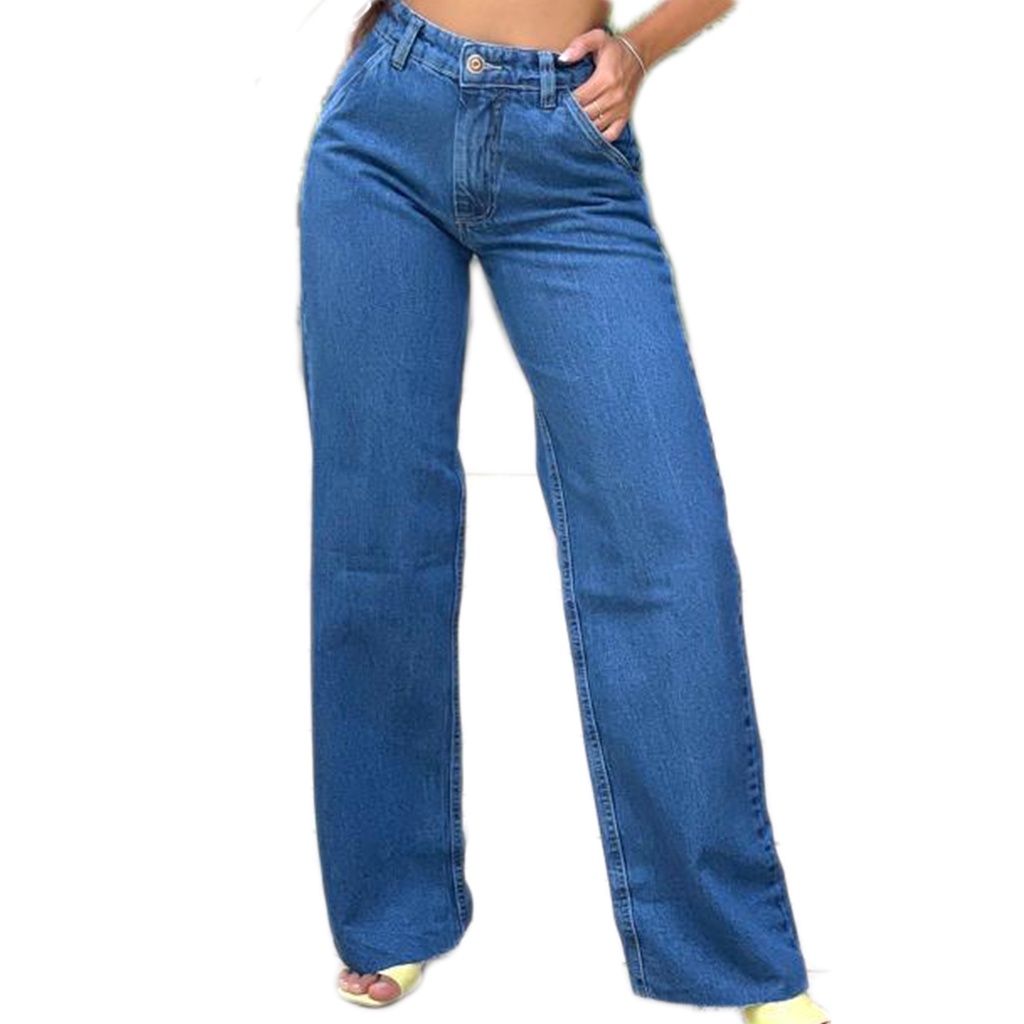 Calça Jeans Wide Leg Pantalona Lisa Basica Cintura Alta