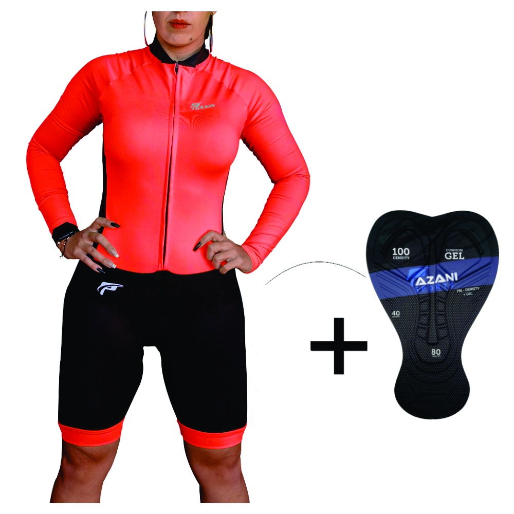 Macaquinho Esportivo Conjunto Ciclismo Ciclista Bike Slim Fit Mtb Manga Longa Feminino Forro Pad Gel Alta Densidade Profissional- Laranja Neon Proteção UV -PROMOÇÃO