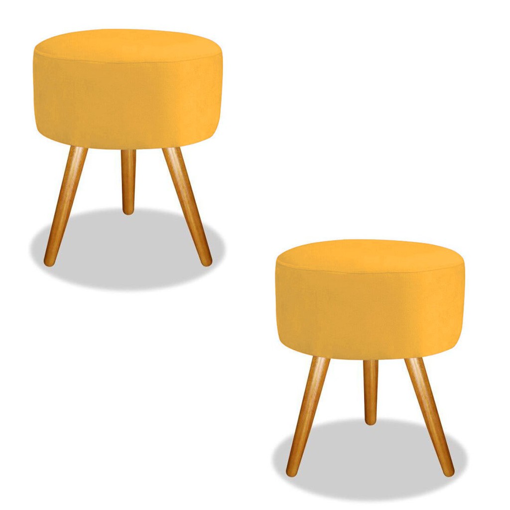 2 Puf Puff Decorativo Redondo Amarelo Decoração de Sala