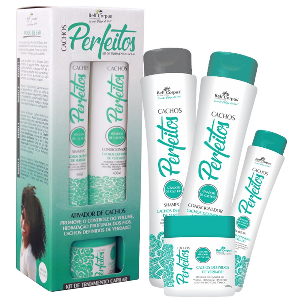 Kit Capilar Completo (4 itens) Cachos Perfeitos - Shamp/Cond/Masc/LeaveIn - Bell Corpus