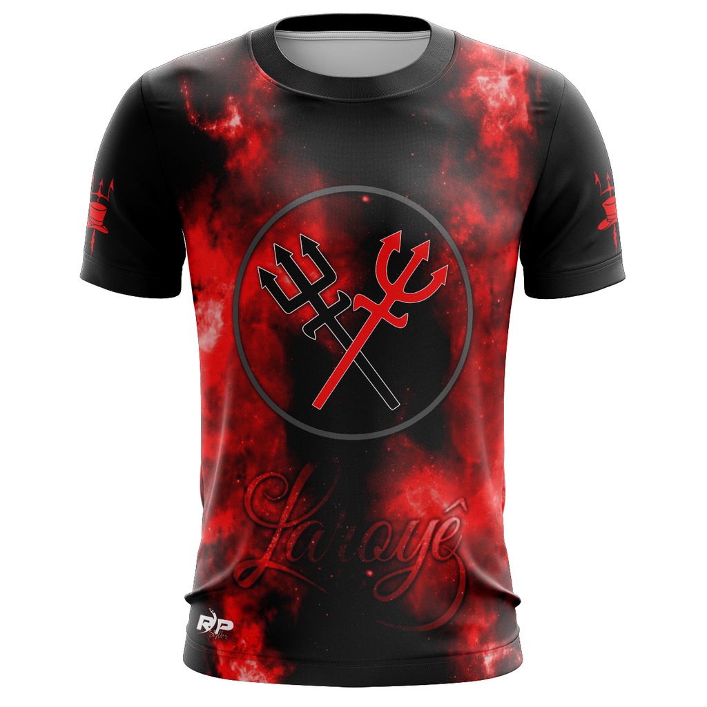 RP Styllus Exu Laroyê manchada de vermelho e preto tecido 100% Poliéster gola redonda preta